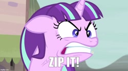 Size: 888x499 | Tagged: safe, edit, edited screencap, screencap, starlight glimmer, pony, unicorn, g4, my little pony: friendship is magic, the cutie map, austin powers, austin powers: the spy who shagged me, caption, dr. evil, horn, image macro, imgflip, movie reference, outdoors, quiet, text