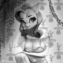 Size: 1280x1280 | Tagged: safe, artist:alex_bermuda, rarity, unicorn, anthro, g4, alternative cutie mark placement, crouching, female, grayscale, horn, indoors, monochrome, shoulder cutie mark, smiling, solo