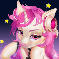 Size: 4000x4000 | Tagged: safe, artist:alex_bermuda, oc, oc only, pony, unicorn, absurd resolution, bust, collar, gradient background, headphones, horn, portrait, solo, unshorn fetlocks