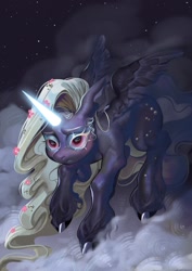 Size: 1526x2160 | Tagged: safe, artist:alex_bermuda, oc, oc only, alicorn, pony, cloud, flower, flower in hair, frown, glowing, glowing horn, horn, night, on a cloud, raised hoof, solo, unshorn fetlocks