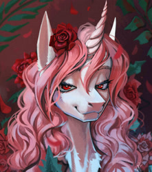 Size: 2632x2976 | Tagged: safe, artist:mycrumb, oc, oc only, pony, unicorn, bust, fangs, flower, flower in hair, high res, horn, looking at you, portrait, rose, smiling, solo