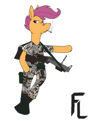 Size: 1488x2024 | Tagged: safe, artist:feraline(r), scootaloo, pegasus, g4, bipedal, boots, camouflage, cigarette, clothes, female, grenade launcher, m79, military, military uniform, older, older scootaloo, shoes, simple background, transparent background, uniform, weapon