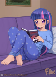 Size: 2480x3425 | Tagged: safe, artist:focusb, pinkie pie, twilight sparkle, human, equestria girls, g4, barefoot, book, clothes, couch, cute, feet, female, high res, human coloration, indoors, pajamas, pillow, pinkamena diane pie, reading, sitting, smiling, solo, twiabetes