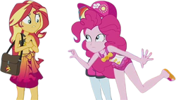 Size: 4399x2520 | Tagged: safe, edit, edited screencap, editor:mrtoonlover83, screencap, pinkie pie, rainbow dash, sunset shimmer, human, equestria girls, g4, background removed, bare shoulders, clothes, female, not a vector, one-piece swimsuit, pinkie pie swimsuit, sleeveless, swimsuit, trio, trio female