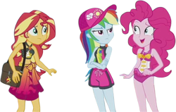 Size: 3960x2520 | Tagged: safe, edit, edited screencap, editor:mrtoonlover83, screencap, pinkie pie, rainbow dash, sunset shimmer, human, equestria girls, g4, background removed, bare shoulders, clothes, female, not a vector, one-piece swimsuit, pinkie pie swimsuit, sleeveless, swimsuit, trio, trio female