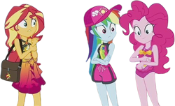 Size: 4150x2520 | Tagged: safe, edit, edited screencap, editor:mrtoonlover83, screencap, pinkie pie, rainbow dash, sunset shimmer, human, equestria girls, g4, background removed, bare shoulders, clothes, female, not a vector, one-piece swimsuit, pinkie pie swimsuit, sleeveless, sunset shimmer swimsuit, swimsuit, trio, trio female