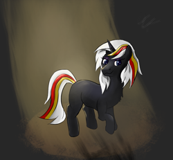 Size: 1949x1802 | Tagged: safe, artist:waspking, oc, oc only, oc:velvet remedy, pony, unicorn, fallout equestria, black coat, blue eyes, female, horn, lighting, mare, missing cutie mark, raised hoof, raised leg, signature, solo, spotlight, tail, two toned mane, two toned tail