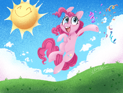 Size: 1600x1200 | Tagged: safe, artist:nootaz, pinkie pie, earth pony, pony, g4, confetti, open mouth, open smile, outdoors, smiling, smiling sun, solo, sun