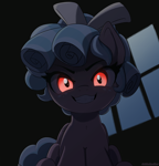 Size: 2056x2145 | Tagged: safe, artist:marshmallowfluff, cozy glow, pegasus, pony, g4, bow, creepy, creepy smile, female, filly, foal, folded wings, freckles, glowing, glowing eyes, hair bow, horror, looking at you, red eyes, smiling, solo, wings