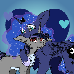 Size: 2048x2048 | Tagged: safe, artist:clarsithell, princess luna, oc, oc:dreaming star, alicorn, bat pony, bat pony unicorn, hybrid, unicorn, g4, chest fluff, commission, cuddling, duo, fangs, female, horn, hug, male, mare, stallion, wings, ych result