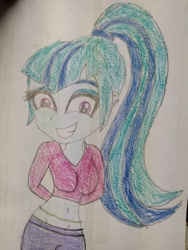 Size: 780x1040 | Tagged: safe, artist:warioman69, sonata dusk, human, equestria girls, g4, belly, belly button, breasts, busty sonata dusk, clothes, cute, cute grin, exposed belly, eyeshadow, female, grin, hands behind back, makeup, midriff, ponytail, smiling, solo, sonatabetes, traditional art