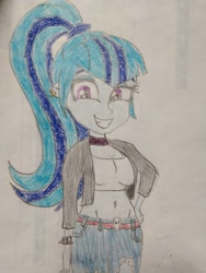 Size: 780x1040 | Tagged: safe, artist:warioman69, sonata dusk, human, equestria girls, g4, belly, belly button, belt, breasts, busty sonata dusk, choker, clothes, cute, denim, ear piercing, earring, exposed belly, eyeshadow, female, grin, hand on hip, jeans, jewelry, makeup, midriff, pants, piercing, ponytail, smiling, solo, sonatabetes, traditional art