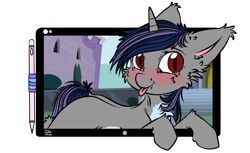 Size: 1920x1176 | Tagged: safe, artist:clarsithell, oc, oc only, oc:dreaming star, bat pony, bat pony unicorn, hybrid, pony, unicorn, g4, :p, blushing, breaking the fourth wall, chest fluff, commission, cute, drawing tablet, fangs, fluffy, fur, hooves, horn, male, ocbetes, outdoors, simple background, solo, stallion, tongue out, transparent background, ych result