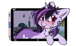 Size: 1920x1176 | Tagged: safe, artist:clarsithell, oc, oc only, oc:dreaming bell, pony, unicorn, g4, blushing, breaking the fourth wall, commission, cute, drawing tablet, female, fluffy, fur, hooves, horn, mare, ocbetes, simple background, solo, transparent background, two toned coat, unicorn oc, ych result