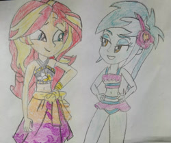 Size: 1280x1070 | Tagged: safe, artist:warioman69, lyra heartstrings, sunset shimmer, human, equestria girls, g4, clothes, cute, duo, eyeshadow, flower, flower in hair, grin, hand on hip, lidded eyes, looking at each other, looking at someone, lyra heartstrings swimsuit, lyrabetes, makeup, midriff, shimmerbetes, smiling, smiling at each other, sunset shimmer swimsuit, swimsuit