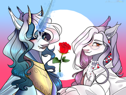 Size: 1600x1200 | Tagged: safe, artist:legendaryshadee, oc, oc only, alicorn, bat pony, pony, clothes, duo, flower, magic, male, rose, shirt, stallion