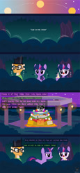 Size: 1793x3906 | Tagged: safe, artist:wheatley r.h., derpibooru exclusive, twilight sparkle, oc, oc:myoozik the dragon, oc:twi clown, alicorn, dragon, pony, unicorn, comic:between skull and flowers, g4, altar de muertos, angry, bush, catrina (calavera garbancera), cempasúchil, chewing, clothes, comic, dragon oc, eating, female, flower, folded wings, food, forest, glasses, hat, horn, lamp, male, mare, nature, night, night sky, non-pony oc, onomatopoeia, outdoors, sky, structure, top hat, tree, twilight sparkle (alicorn), unicorn oc, vector, watermark, wings