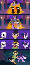 Size: 1793x3906 | Tagged: safe, artist:wheatley r.h., derpibooru exclusive, twilight, twilight sparkle, oc, oc:myoozik the dragon, oc:twi clown, alicorn, dragon, pony, skeleton pony, unicorn, comic:between skull and flowers, g1, g4, altar de muertos, angry, bone, bow, bush, catrina (calavera garbancera), cempasúchil, clothes, comic, dragon oc, female, flower, folded wings, forest, glasses, hat, horn, lamp, male, mare, nature, night, night sky, non-pony oc, onomatopoeia, outdoors, running away, scared, screaming, skeleton, sky, structure, tail, tail bow, top hat, tree, twilight sparkle (alicorn), unicorn oc, vector, watermark, wings