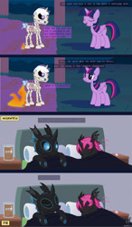 Size: 1793x3078 | Tagged: safe, artist:wheatley r.h., derpibooru exclusive, twilight, twilight sparkle, oc, oc:lara, oc:w. rhinestone eyes, alicorn, changeling, honeypot changeling, pony, skeleton pony, unicorn, comic:between skull and flowers, g1, g4, bed, blue changeling, bone, bow, bush, changeling oc, clothes, comic, female, folded wings, heart, horn, male, mare, nature, night, night sky, onomatopoeia, outdoors, pink changeling, skeleton, sky, sleeping, tail, tail bow, twilight sparkle (alicorn), unicorn oc, vector, watermark, wings