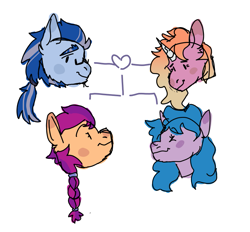 Size: 809x752 | Tagged: safe, artist:arsonrabbit, argyle starshine, izzy moonbow, sunny starscout, oc, oc:elsie moonarch, earth pony, pony, unicorn, g5, my little pony: a new generation, braid, canon x oc, digital art, doodle, ear fluff, facial hair, family, family tree, father and child, father and daughter, female, glasses, headcanon, horn, looking at each other, looking at someone, male, mare, mother and child, mother and daughter, offspring, parent:argyle starshine, parent:oc:elsie moonarch, parents:canon x oc, shipping, siblings, sideburns, simple background, sister, sisters, stallion, straight, theory, tied mane, unicorn oc, white background