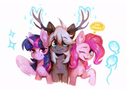 Size: 2048x1448 | Tagged: safe, artist:dearmary, pinkie pie, twilight sparkle, alicorn, earth pony, pony, g4, antlers, chest fluff, dialogue, eye clipping through hair, eyebrows, eyebrows visible through hair, fangs, female, glowing, glowing horn, horn, looking at you, magic, male, mare, one eye closed, open mouth, open smile, simple background, smiling, smiling at you, speech bubble, spread wings, stallion, talking to viewer, trio, twilight sparkle (alicorn), white background, wings, wink