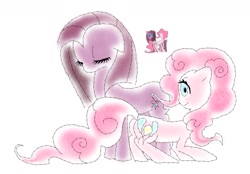 Size: 1186x825 | Tagged: safe, artist:mortalcoil17, pinkie pie, earth pony, pony, g4, duo, duo female, eyes closed, female, pinkamena diane pie, self paradox, self ponidox, simple background, white background