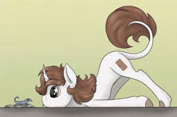 Size: 1933x1284 | Tagged: safe, artist:adyflygonna, oc, oc only, oc:dorm pony, lizard, pony, unicorn, :p, horn, lying down, tongue out