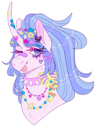 Size: 1657x2220 | Tagged: safe, artist:sleepy-nova, oc, oc only, oc:showstopper, pony, unicorn, bandaid, bandaid on nose, blue eyes, blue mane, bust, choker, colored eyebrows, colored pinnae, commission, curved horn, decora, eye clipping through hair, eyebrows, eyebrows visible through hair, eyelashes, female, hair accessory, hairclip, horn, horn accessory, jewelry, lacrimal caruncle, lidded eyes, long horn, long mane, looking away, mane accessory, mane clip, mare, necklace, no pupils, one eye closed, pink coat, ponytail, portrait, shiny mane, simple background, solo, spiked choker, starry eyes, tall ears, thick eyelashes, three quarter view, tied mane, tongue out, transparent background, two toned mane, unicorn oc, wingding eyes, wink