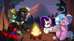 Size: 1920x1080 | Tagged: safe, artist:joaothejohn, oc, oc:cody, oc:fancy cat, oc:kali, oc:lexie, oc:sam, earth pony, pegasus, pony, unicorn, campfire, camping, clothes, commission, earth pony oc, eyes closed, fire, food, forest, gold, gradient mane, headset, horn, horns, laughing, looking at each other, looking at someone, lying down, marshmallow, mountain, multicolored hair, nature, pegasus oc, scarf, sitting, smiling, tree, unicorn oc, wings