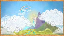 Size: 1920x1080 | Tagged: safe, screencap, friendship is magic, g4, my little pony: friendship is magic, book, canterlot, castle, cloud, cloudsdale, equestria, illustration, it begins, no pony, pony history, scenery, start of ponies