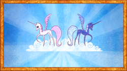 Size: 1920x1080 | Tagged: safe, screencap, princess celestia, princess luna, alicorn, pony, friendship is magic, g4, my little pony: friendship is magic, season 1, book, cloud, cold opening, duo, female, hooves, horn, illustration, it begins, mare, on a cloud, pink-mane celestia, pony history, raised hoof, royal sisters, s1 luna, siblings, sisters, spread wings, standing on a cloud, start of ponies, storybook, wings