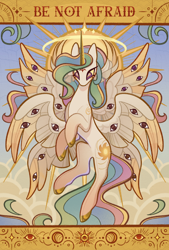 Size: 2362x3494 | Tagged: safe, artist:lenori, princess celestia, alicorn, angel, angel pony, original species, pony, g4, be not afraid, biblically accurate angels, cloud, eye, eyes, eyes do not belong there, female, mare, multiple wings, solo, wings