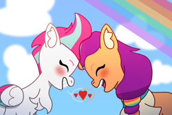 Size: 750x500 | Tagged: safe, artist:without-rhyme-or-reason, sunny starscout, zipp storm, earth pony, pegasus, pony, g5, my little pony: tell your tale, blushing, chest fluff, duo, duo female, ear fluff, eyes closed, facing each other, female, heart, lesbian, mane stripe sunny, mare, outdoors, ship:sunnystorm, shipping, unitober 2024