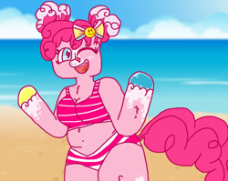 Size: 854x680 | Tagged: safe, artist:xxduncandonutxx, pinkie pie, earth pony, anthro, unguligrade anthro, g4, arm hooves, bandaid, bandaid on nose, beach, belly, belly button, breasts, chest fluff, chubby, clothes, midriff, ocean, one eye closed, open mouth, outdoors, plus size, redesign, smiling, solo, swimsuit, unshorn fetlocks, water