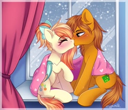 Size: 1804x1548 | Tagged: safe, artist:arllistar, oc, oc only, oc:sunshine drift, oc:zip circuit, bat pony, earth pony, pony, bat pony oc, bat wings, bedroom eyes, blanket, blushing, bow, curtains, ear fluff, earth pony oc, eyes closed, female, hair bow, heart, indoors, kissing, male, oc x oc, pink blanket, ponytail, raised hoof, shipping, signature, snow, snowfall, straight, window, wings