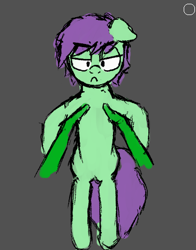 Size: 366x466 | Tagged: safe, artist:dowi, oc, oc only, earth pony, pony, cute, female, gray background, holding a pony, looking at you, mare, purple mane, simple background, solo, unamused