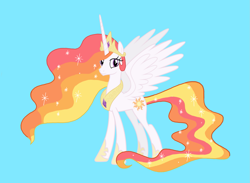 Size: 2055x1501 | Tagged: safe, artist:shucku, princess celestia, alicorn, pony, g4, alternate design, alternate mane color, alternate tail color, blue background, crown, ethereal mane, ethereal tail, female, hoof shoes, jewelry, mare, peytral, princess shoes, recolor, redesign, regalia, simple background, smiling, solo, sparkling mane, spread wings, tail, wings