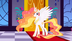 Size: 1280x720 | Tagged: safe, artist:shucku, princess celestia, alicorn, pony, g4, alternate design, alternate mane color, alternate tail color, crown, ethereal mane, ethereal tail, female, hoof shoes, indoors, jewelry, mare, peytral, princess shoes, recolor, redesign, regalia, smiling, solo, sparkling mane, spread wings, tail, wings