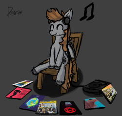 Size: 765x729 | Tagged: safe, artist:dowi, oc, oc only, oc:devin, bat pony, pony, 2112, album, album cover, bipedal, chair, classic rock, country music, cute, cute little fangs, desolation boulevard, eyes closed, fangs, fragile, full moon fever, glam rock, gray background, gunfighter ballads and trail songs, headphones, houses of the holy, led zeppelin, listening to music, male, marty robbins, meddle, music, music notes, pink floyd, progressive rock, record, record player, rush, simple background, sitting, solo, stallion, sweet, tom petty, vinyl, yes, yes (band)