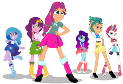 Size: 1081x739 | Tagged: safe, artist:fedethedox2121, hitch trailblazer, izzy moonbow, misty brightdawn, pipp petals, sunny starscout, zipp storm, human, equestria girls, g4, g5, alternate universe, base used, belt, boots, clothes, clothes swap, cowboy boots, cowboy hat, dude looks like a lady, equestria girls-ified, female, g5 to equestria girls, g5 to g4, generation leap, hat, high heel boots, jacket, mane five, mane six (g5), polka dot socks, shirt, shoes, simple background, skinny pipp, skirt, slender, socks, thin, transparent background, vest