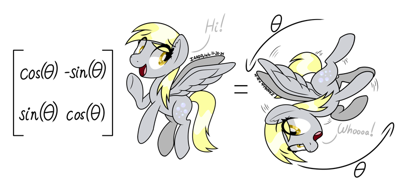 Size: 3200x1500 | Tagged: safe, artist:notadeliciouspotato, derpibooru exclusive, derpy hooves, pegasus, pony, g4, cute, derpabetes, equation, eye clipping through hair, featured image, female, hi, mare, math, math joke, matrix (mathematics), open mouth, open smile, rotation, signature, simple background, smiling, solo, speech bubble, spread wings, waving, white background, whoooooah, wings