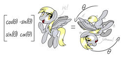 Size: 3200x1500 | Tagged: safe, artist:notadeliciouspotato, derpibooru exclusive, derpy hooves, pegasus, pony, g4, female, mare, open mouth, open smile, rotation, rotation matrix, self paradox, self ponidox, signature, simple background, smiling, solo, speech bubble, spread wings, white background, wings