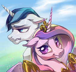 Size: 5834x5554 | Tagged: safe, artist:baban illustration, artist:lummh, princess cadance, shining armor, alicorn, pony, unicorn, comic:the princess of love, g4, absurd resolution, bust, duo, duo male and female, female, floppy ears, frown, horn, looking at you, male, mare, outdoors, ship:shiningcadance, shipping, smiling, smiling at you, stallion, straight, style test, the princess of love test art