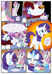 Size: 1600x2270 | Tagged: safe, artist:flash equestria photography, rarity, sweetie belle, pony, unicorn, fanfic:short stories with pregnant ponies, g4, belle sisters, belly, blatant lies, comic, commission, crying, fainting couch, female, filly, foal, food, horn, ice cream, insult, lying down, mare, marshmelodrama, on back, on side, preggity, pregnant, rarity being rarity, sensibly-proportioned pregnancy, siblings, sisters, standing, story included, text, wall of text