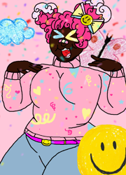 Size: 538x747 | Tagged: safe, artist:xxduncandonutxx, pinkie pie, human, alternate design, alternate hairstyle, breasts, busty pinkie pie, chubby, dark skin, humanized, plus sized, redesign