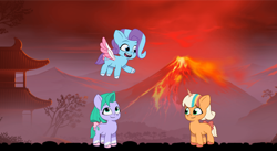 Size: 1850x1016 | Tagged: safe, artist:caseyben887, glory (g5), peach fizz, seashell (g5), earth pony, pegasus, pony, unicorn, g5, my little pony: tell your tale, bow, coat markings, female, filly, flying, foal, grin, hill, horn, house, implied violette rainbow, lava, mare, open mouth, outdoors, pippsqueak trio, pippsqueaks, shadow fight 2, sky, smiling, socks (coat markings), spread wings, tail, tail bow, volcano, wings