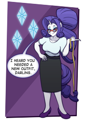 Size: 4961x7016 | Tagged: safe, artist:listartco, rarity, unicorn, anthro, plantigrade anthro, g4, absurd resolution, alternate hairstyle, breasts, busty rarity, clothes, dialogue, female, glasses, hand on hip, horn, lidded eyes, looking at you, mare, measuring tape, partially transparent background, ponytail, rarity's glasses, skirt, smiling, smiling at you, solo, speech bubble