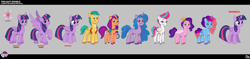 Size: 6932x1624 | Tagged: safe, hitch trailblazer, izzy moonbow, misty brightdawn, pipp petals, sunny starscout, twilight sparkle, zipp storm, alicorn, earth pony, pegasus, pony, unicorn, g4, g5, my little pony: tell your tale, official, concept art, english, female, folded wings, g4 to g5, generation leap, height difference, horn, lil critter workshop, male, mane five, mane six (g5), mare, spread wings, stallion, style comparison, style experiment, twilight sparkle (alicorn), unshorn fetlocks, wings