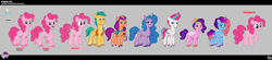 Size: 7100x1563 | Tagged: safe, hitch trailblazer, izzy moonbow, misty brightdawn, pinkie pie, pipp petals, sunny starscout, zipp storm, earth pony, pegasus, pony, unicorn, g4, g5, my little pony: tell your tale, official, concept art, english, female, g4 to g5, generation leap, horn, lil critter workshop, male, mane five, mane six (g5), mare, stallion, unshorn fetlocks