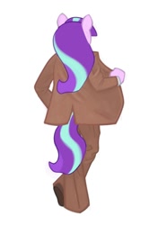 Size: 702x1000 | Tagged: safe, artist:partyponypower, starlight glimmer, unicorn, anthro, plantigrade anthro, g4, album cover, alternate universe, clothes, colored, colored lineart, female, flat colors, formal wear, holding, horn, in the pocket, jacket, james taylor, long mane, mare, pants, pink coat, rear view, s5 starlight, shoes, simple background, solo, standing, three toned mane, three toned tail, white background